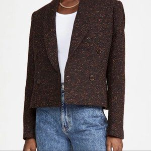 Anine Bing Mae Blazer Cropped Double Breasted Wool Brown Tweed Size Small NWOT